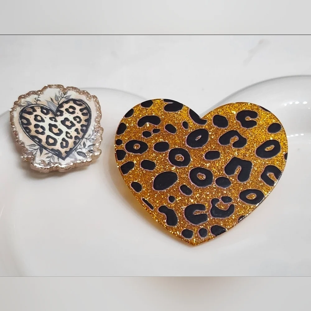 Flatback Cheetah Heart Focal Bead Badge Crafts Keychain Magnet‎ Beaded Pen